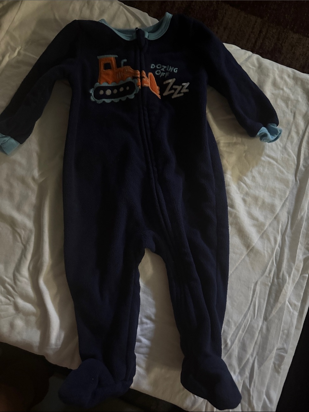 Absorba Navy Blue Footed Fleece One-Piece with Orange Bulldozer